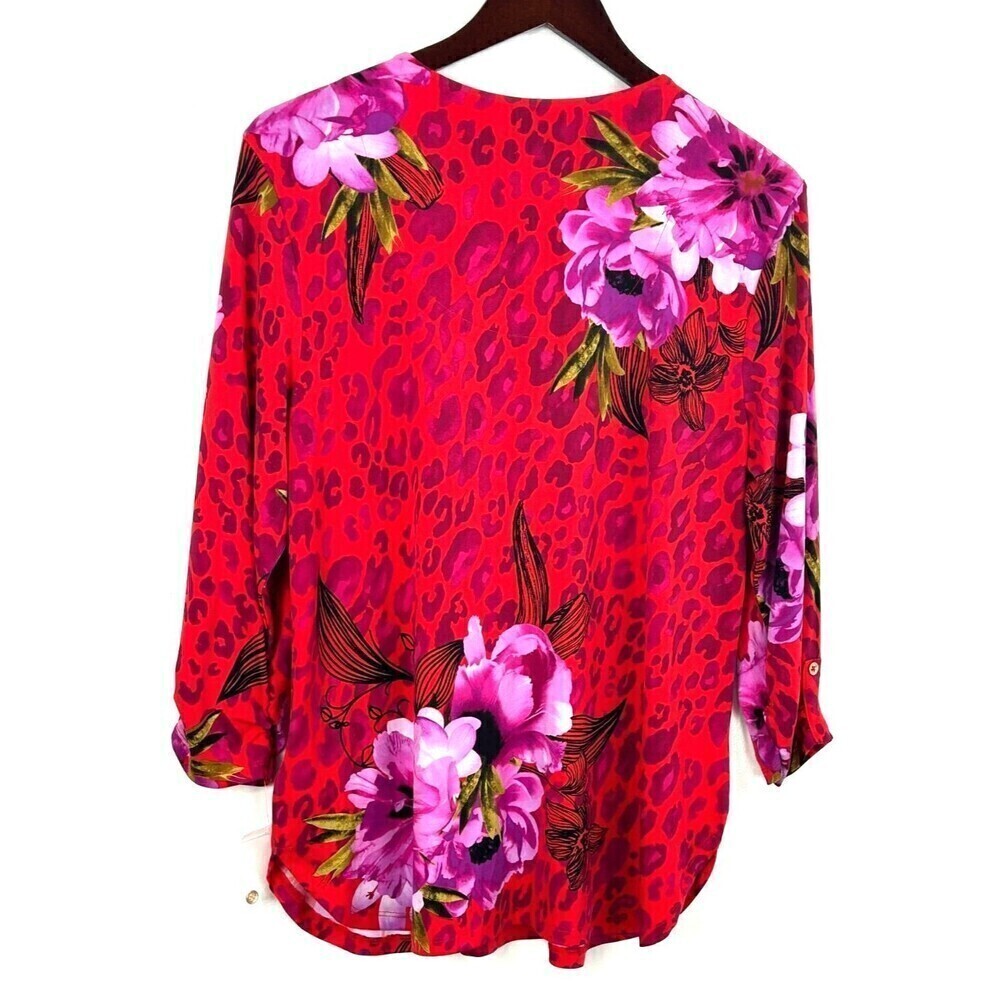 New JM Collection Women Sz PXL Red Pink Zip Neck Blouse Roll Tab Sleeve Tunic U4 - Picture 4 of 11